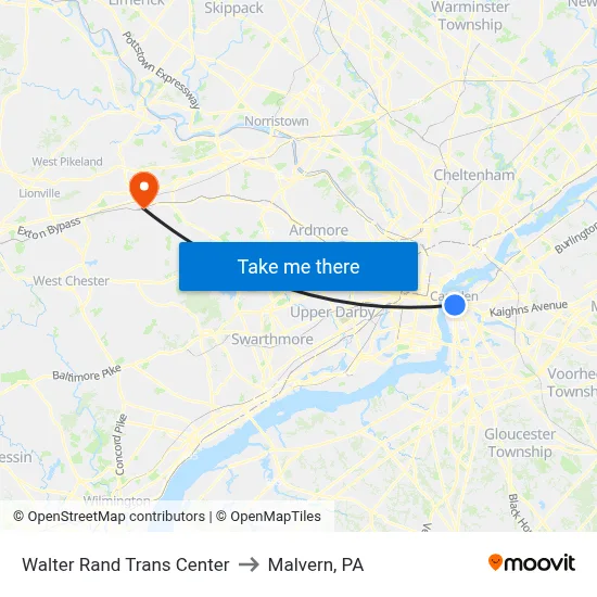 Walter Rand Trans Center to Malvern, PA map
