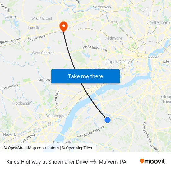 Kings Highway at Shoemaker Drive to Malvern, PA map