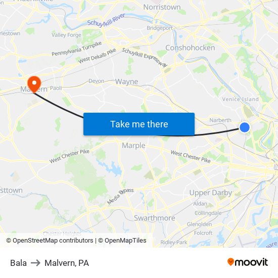 Bala to Malvern, PA map