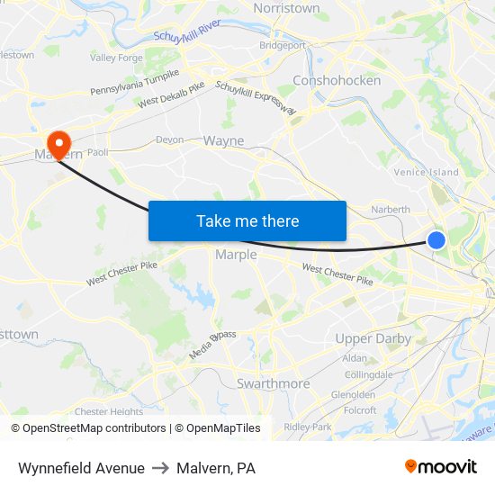 Wynnefield Avenue to Malvern, PA map