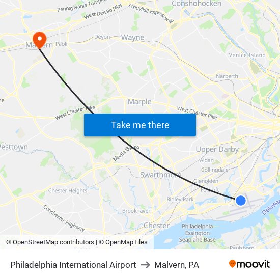 Philadelphia International Airport to Malvern, PA map