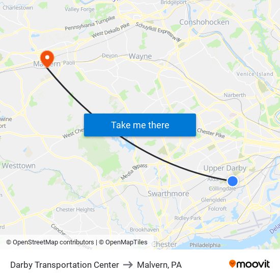 Darby Transportation Center to Malvern, PA map