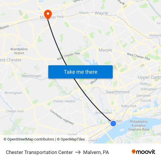 Chester Transportation Center to Malvern, PA map
