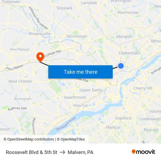 Roosevelt Blvd & 5th St to Malvern, PA map