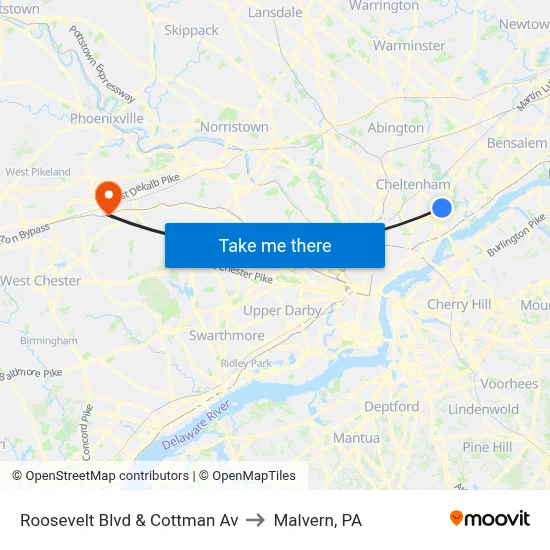 Roosevelt Blvd & Cottman Av to Malvern, PA map