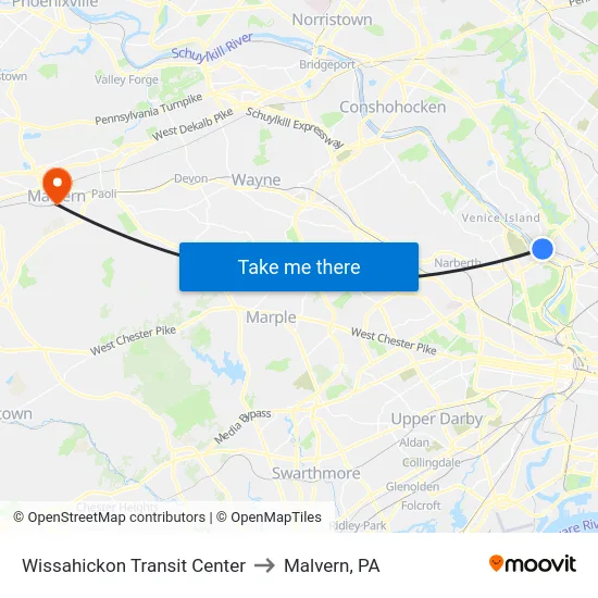 Wissahickon Transit Center to Malvern, PA map