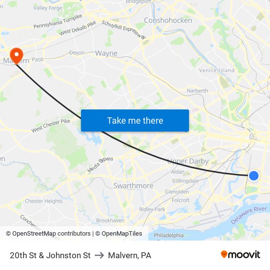 20th St & Johnston St to Malvern, PA map