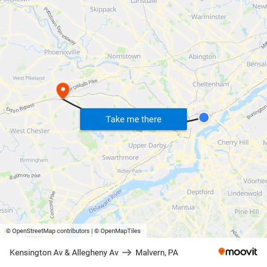 Kensington Av & Allegheny Av to Malvern, PA map