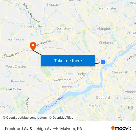 Frankford Av & Lehigh Av to Malvern, PA map