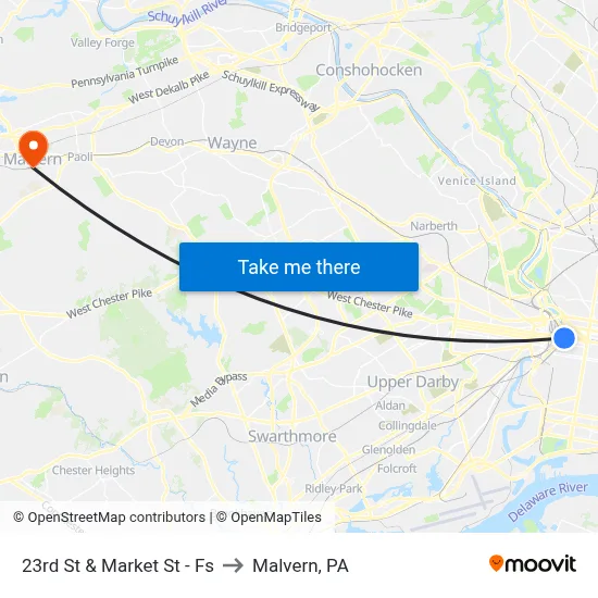 23rd St & Market St - Fs to Malvern, PA map