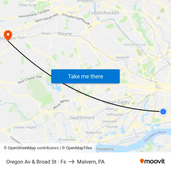 Oregon Av & Broad St - Fs to Malvern, PA map