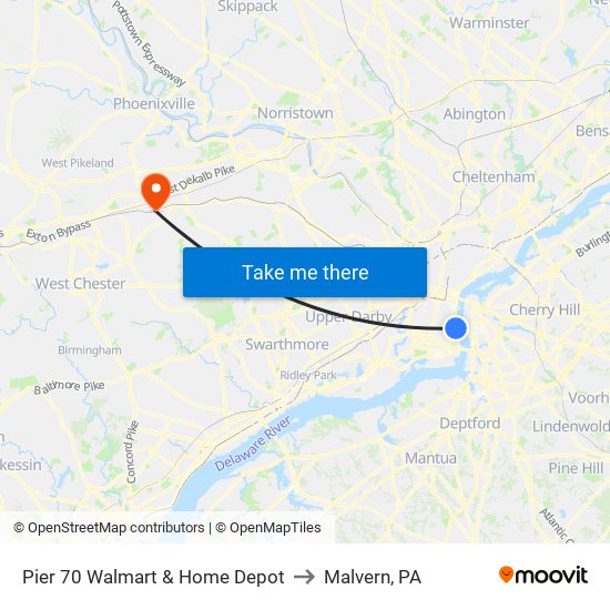Pier 70 Walmart & Home Depot to Malvern, PA map