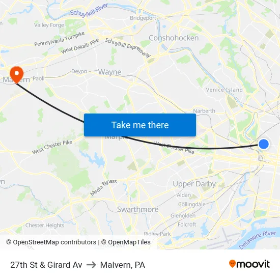 27th St & Girard Av to Malvern, PA map