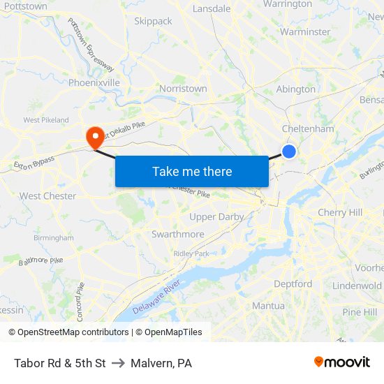 Tabor Rd & 5th St to Malvern, PA map