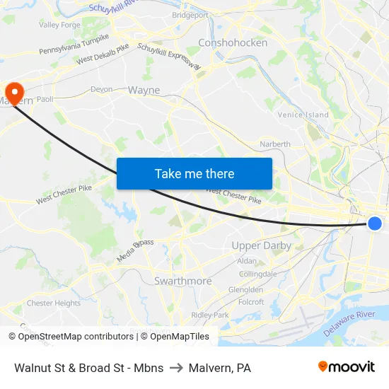 Walnut St & Broad St - Mbns to Malvern, PA map