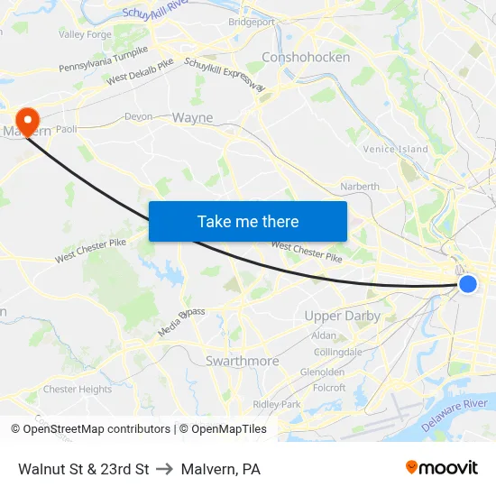 Walnut St & 23rd St to Malvern, PA map