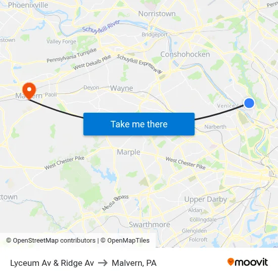 Lyceum Av & Ridge Av to Malvern, PA map