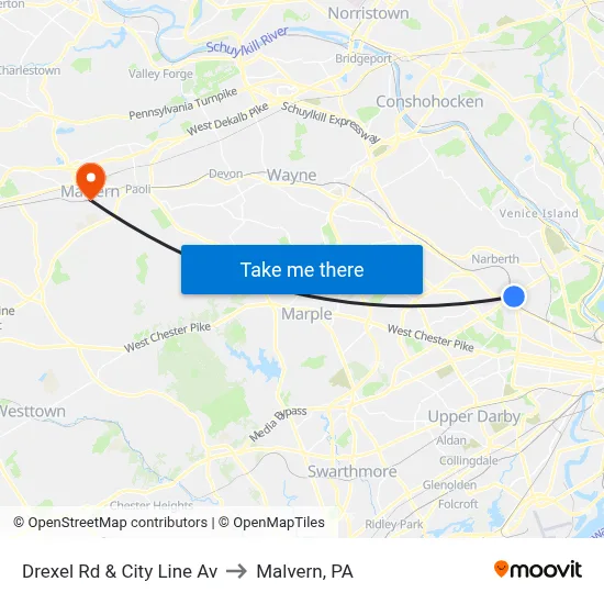 Drexel Rd & City Line Av to Malvern, PA map