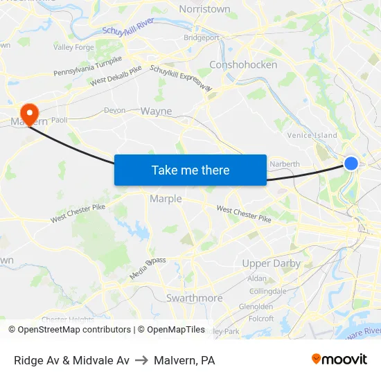 Ridge Av & Midvale Av to Malvern, PA map