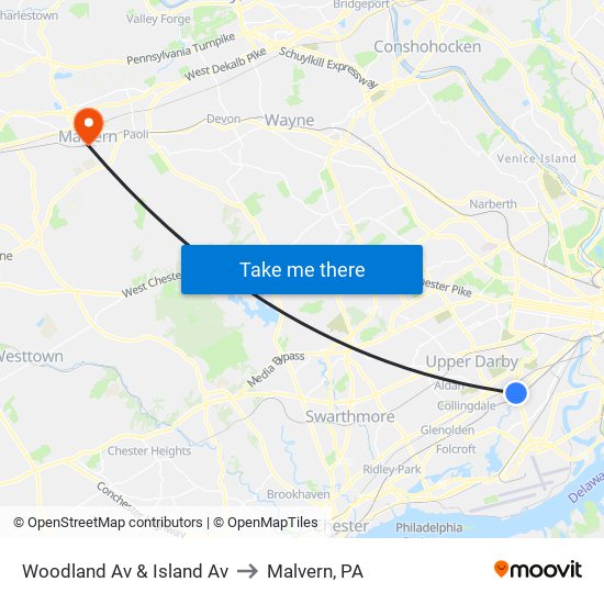 Woodland Av & Island Av to Malvern, PA map