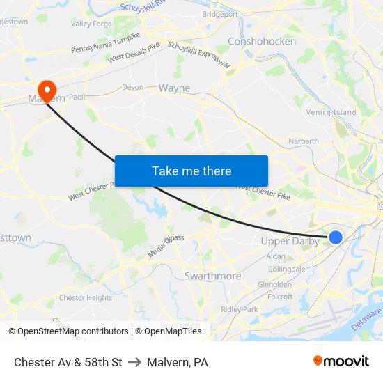 Chester Av & 58th St to Malvern, PA map