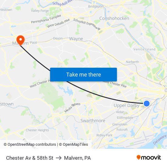 Chester Av & 58th St to Malvern, PA map