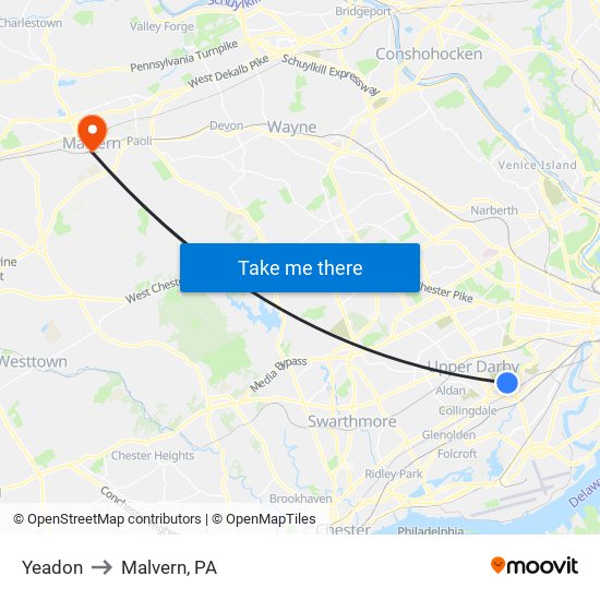 Yeadon to Malvern, PA map