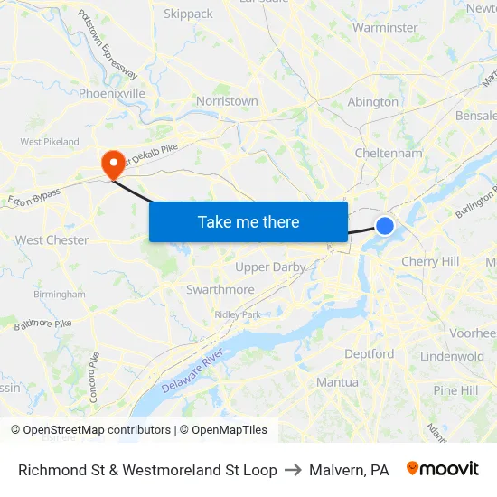 Richmond St & Westmoreland St Loop to Malvern, PA map