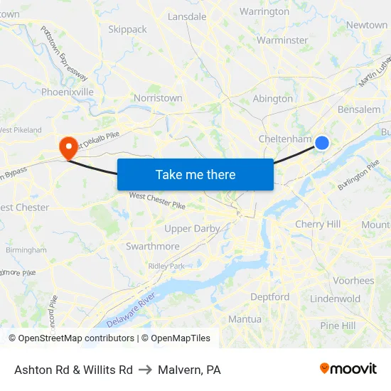 Ashton Rd & Willits Rd to Malvern, PA map