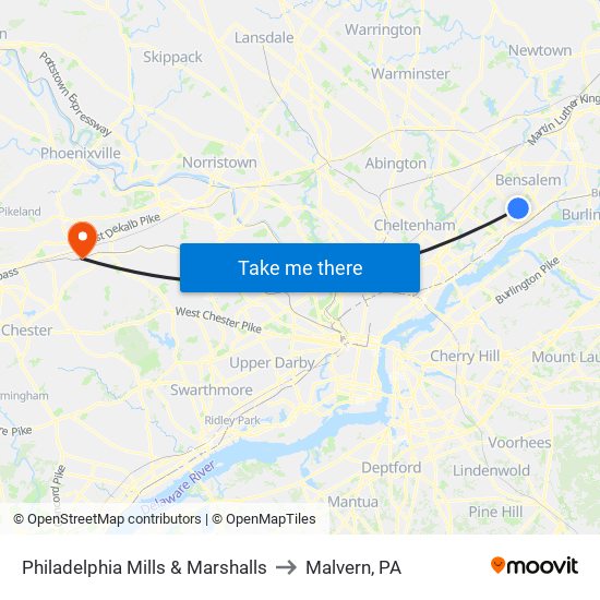 Philadelphia Mills & Marshalls to Malvern, PA map