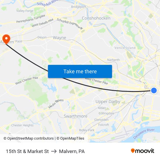 15th St & Market St to Malvern, PA map