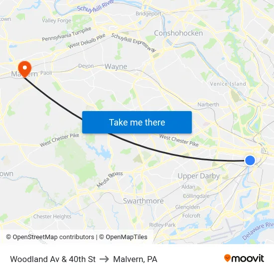 Woodland Av & 40th St to Malvern, PA map