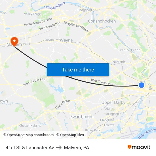 41st St & Lancaster Av to Malvern, PA map