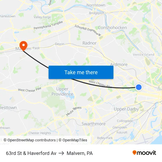 63rd St & Haverford Av to Malvern, PA map