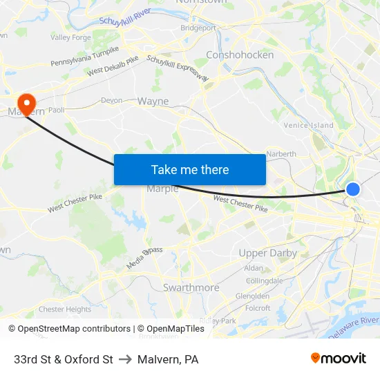 33rd St & Oxford St to Malvern, PA map