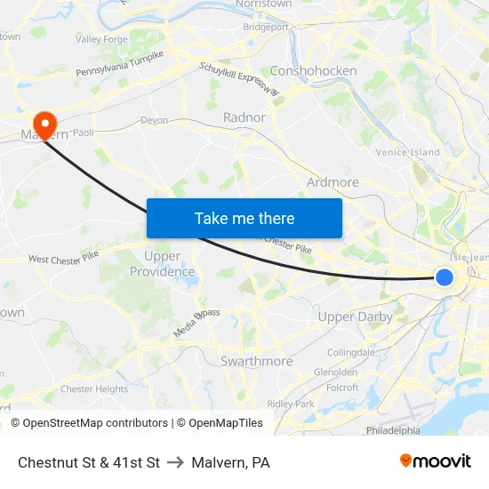 Chestnut St & 41st St to Malvern, PA map
