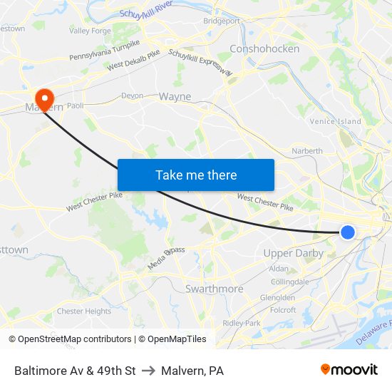 Baltimore Av & 49th St to Malvern, PA map