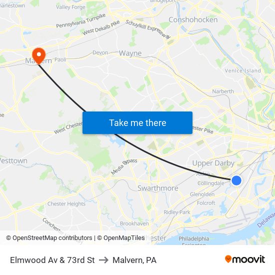 Elmwood Av & 73rd St to Malvern, PA map