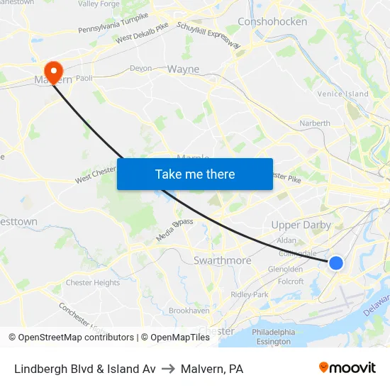 Lindbergh Blvd & Island Av to Malvern, PA map