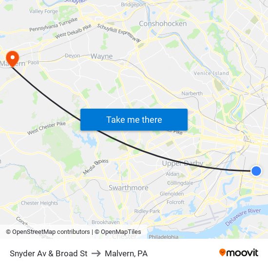 Snyder Av & Broad St to Malvern, PA map