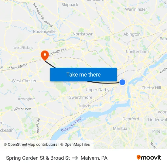 Spring Garden St & Broad St to Malvern, PA map
