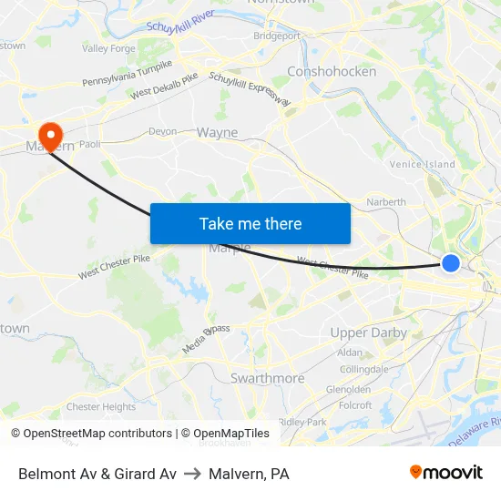 Belmont Av & Girard Av to Malvern, PA map
