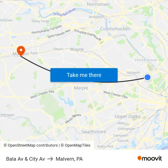 Bala Av & City Av to Malvern, PA map