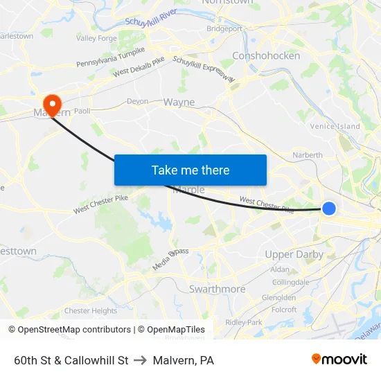 60th St & Callowhill St to Malvern, PA map
