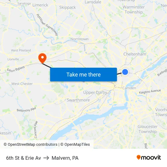 6th St & Erie Av to Malvern, PA map