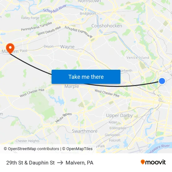 29th St & Dauphin St to Malvern, PA map
