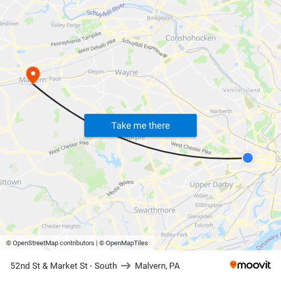 52nd St & Market St - South to Malvern, PA map