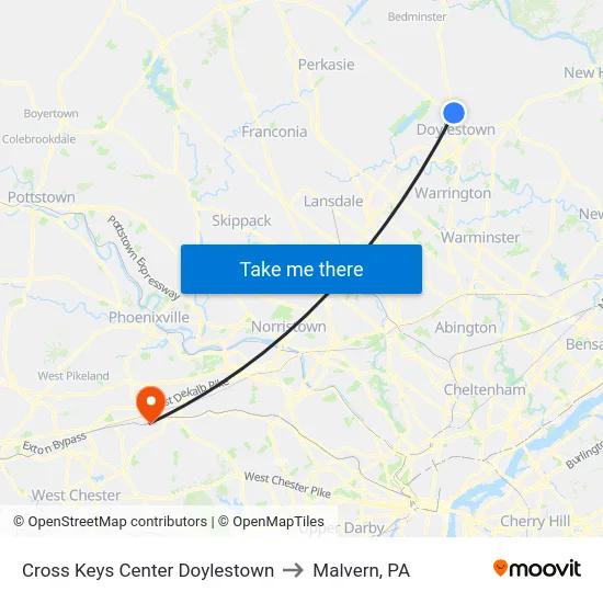 Cross Keys Center Doylestown to Malvern, PA map