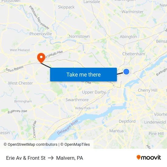 Erie Av & Front St to Malvern, PA map