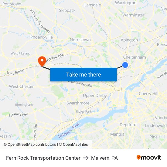 Fern Rock Transportation Center to Malvern, PA map